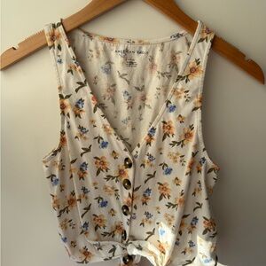 American Eagle Outfitters Cream Sleeveless Tie Front Tank Top